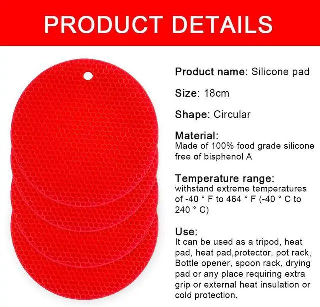Alt view image 6 of 7 - 7-Inch Round Trivet Mats - 4 Pack Silicone Hot Pads, Non-Slip Heat Resistant, Dishwasher Safe, Ideal as Round Dab Mat (red)