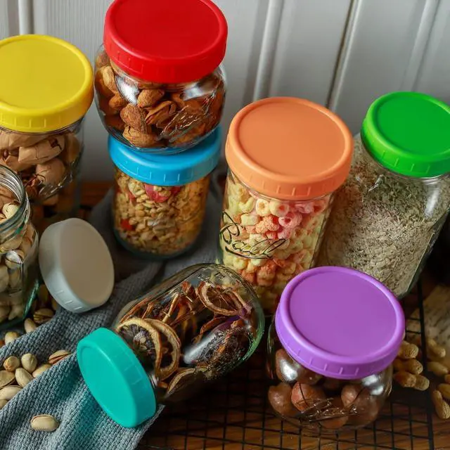 Alt view image 4 of 6 - Bedgeta 22 Pack Plastic Mason Jar Lids, 11 Wide Mouth & 11 Regular Mouth with Silicone Rings,Thickened Leak-proof Lids Fit Ball,Kerr and More, 86mm & 70mm(Multicolored)