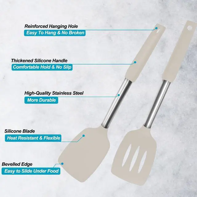 Alt view image 3 of 7 - 2 Pack Spatulas, Solid & Slotted Silicone Spatula Set, Stainless Steel Handle Coated with Silicone, Non Stick Turners, Heat Resistant Rubber Spatulas for Fish, Eggs, Pancakes, Khaki