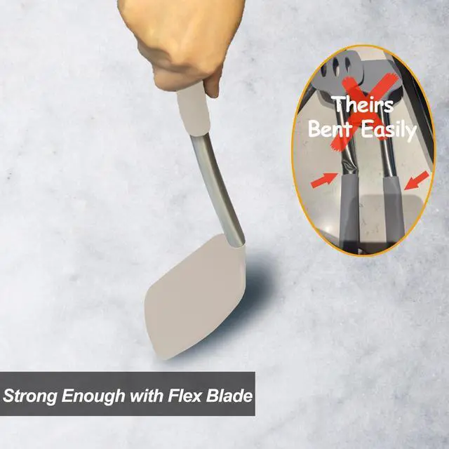 Alt view image 4 of 7 - 2 Pack Spatulas, Solid & Slotted Silicone Spatula Set, Stainless Steel Handle Coated with Silicone, Non Stick Turners, Heat Resistant Rubber Spatulas for Fish, Eggs, Pancakes, Khaki
