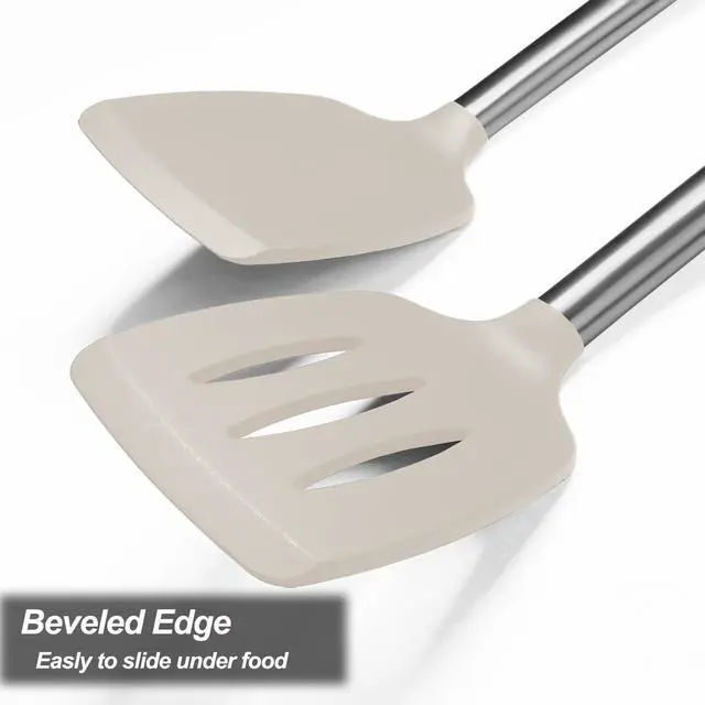 Alt view image 7 of 7 - 2 Pack Spatulas, Solid & Slotted Silicone Spatula Set, Stainless Steel Handle Coated with Silicone, Non Stick Turners, Heat Resistant Rubber Spatulas for Fish, Eggs, Pancakes, Khaki