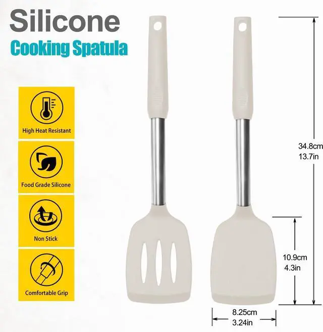 Alt view image 2 of 7 - 2 Pack Spatulas, Solid & Slotted Silicone Spatula Set, Stainless Steel Handle Coated with Silicone, Non Stick Turners, Heat Resistant Rubber Spatulas for Fish, Eggs, Pancakes, Khaki