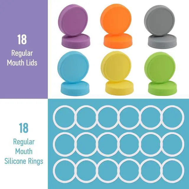 Alt view image 2 of 7 - AOZITA 18 Pack Plastic REGULAR Mouth Mason Jar Lids for Ball Regular Mouth Jars - Colored Plastic Storage Caps for Mason/Canning Jars, Leak Proof, Dishwasher Safe & Food Grade
