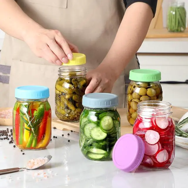 Alt view image 7 of 7 - AOZITA 18 Pack Plastic REGULAR Mouth Mason Jar Lids for Ball Regular Mouth Jars - Colored Plastic Storage Caps for Mason/Canning Jars, Leak Proof, Dishwasher Safe & Food Grade