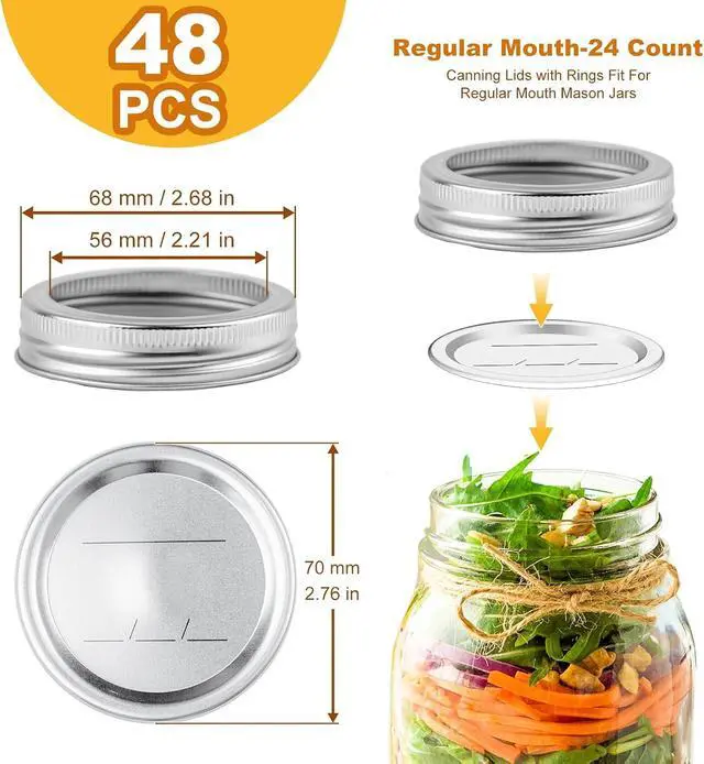 Alt view image 2 of 7 - Canning Jar Lids With Rings For Mason Regular Mouth 48Pcs2.76in Regular Mouth Kerr Ball Jars Lids With Rings Good Sealing Performance Food Grade Material Kerr Mason Jars For Canning Food Fruits DIYJam