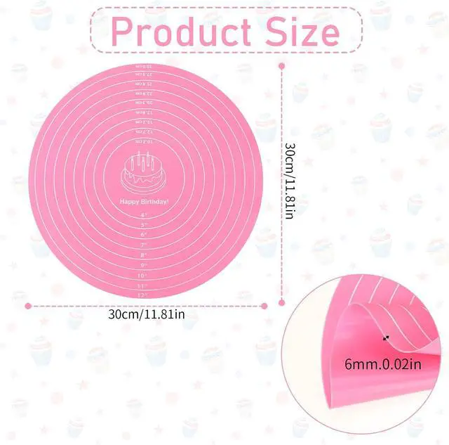 Alt view image 2 of 7 - Silicone Baking Mat Cake Mat Round Silicone Baking Mat with Measurements for Cake Turntable Stand Pastry Baking Sheet, Non-Stick and Heat Resistant (Pink)