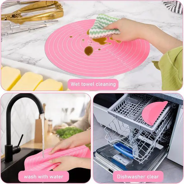 Alt view image 5 of 7 - Silicone Baking Mat Cake Mat Round Silicone Baking Mat with Measurements for Cake Turntable Stand Pastry Baking Sheet, Non-Stick and Heat Resistant (Pink)