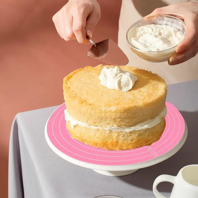 Alt view image 7 of 7 - Silicone Baking Mat Cake Mat Round Silicone Baking Mat with Measurements for Cake Turntable Stand Pastry Baking Sheet, Non-Stick and Heat Resistant (Pink)