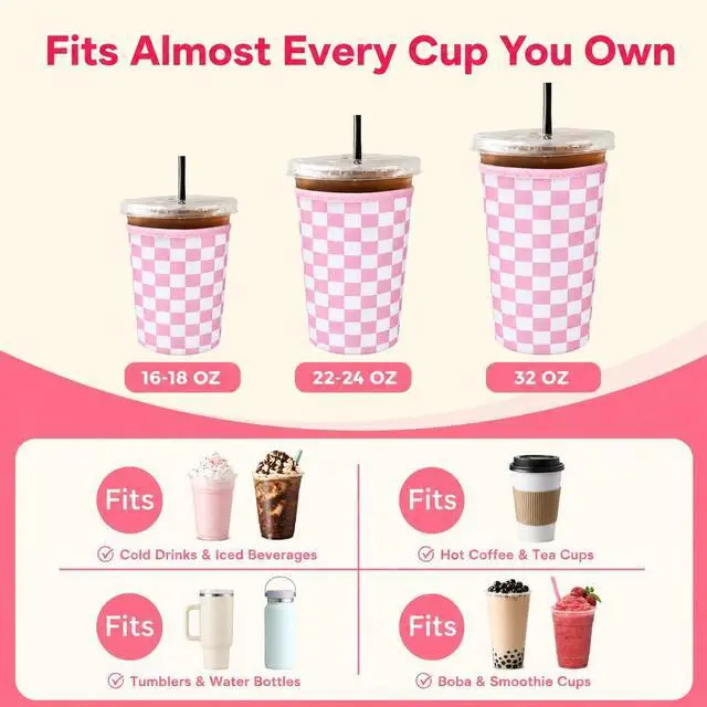 Alt view image 2 of 7 - Reusable Ice Coffee Cup Sleeves for Cold Drink 16-32oz(Pink Checked Bow1) | Insulated Neoprene Sleeve for Iced Coffee Cups, Beverage Holder Drink Sleeves for 16/18/22/24/32oz