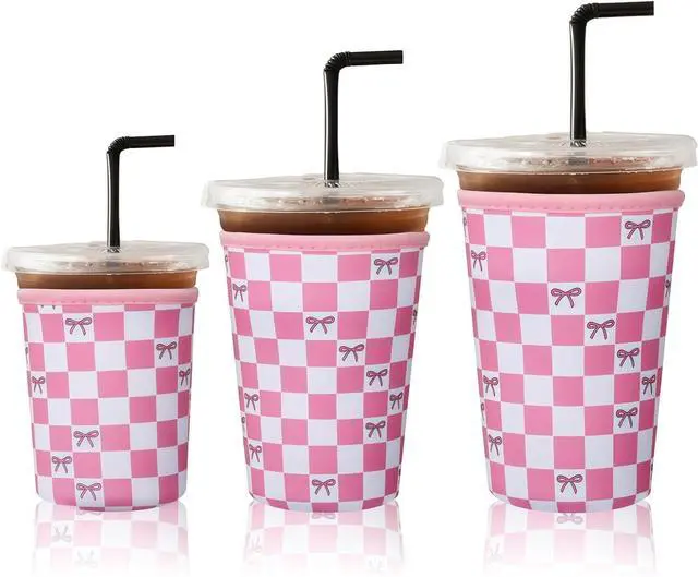 Main image of Reusable Ice Coffee Cup Sleeves for Cold Drink 16-32oz(Pink Checked Bow1) | Insulated Neoprene Sleeve for Iced Coffee Cups, Beverage Holder Drink Sleeves for 16/18/22/24/32oz