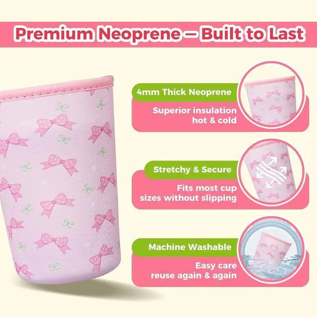 Alt view image 4 of 7 - Reusable Ice Coffee Cup Sleeves for Cold Drink 16-32oz(Pink Checked Bow1) | Insulated Neoprene Sleeve for Iced Coffee Cups, Beverage Holder Drink Sleeves for 16/18/22/24/32oz