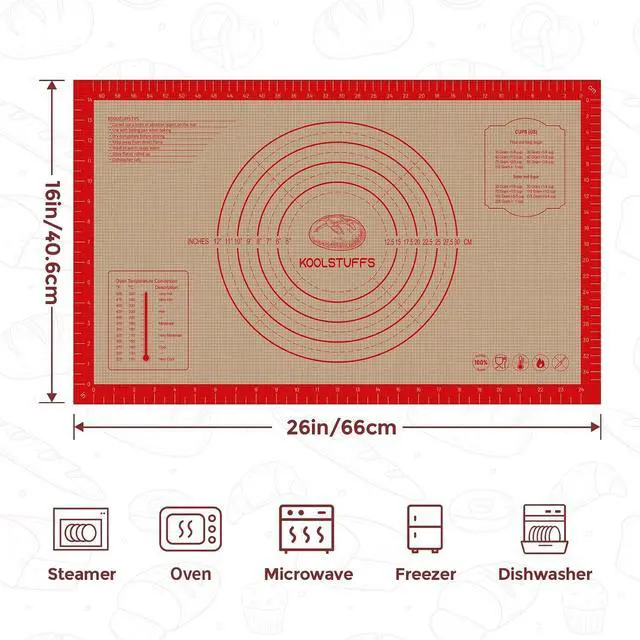 Alt view image 2 of 7 - Koolstuffs Silicone Pastry Mat, 26" x 16", Non Slip for Rolling Dough | Reusable 0.7 mm Nonstick Surface with Printed Measurements for Sourdough, Bread, Pizza, Pie, Cookies, and Fondant