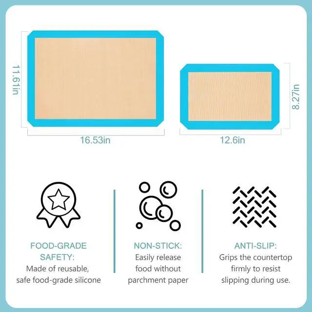 Alt view image 2 of 7 - Silicone Baking Mat Set of 3, Non-Stick 2 Half & 1 Quarter Sheets | Dishwasher Safe, Reusable Baking Supplies for Cookies, Bread, Pastries & Dough, Mint Blue