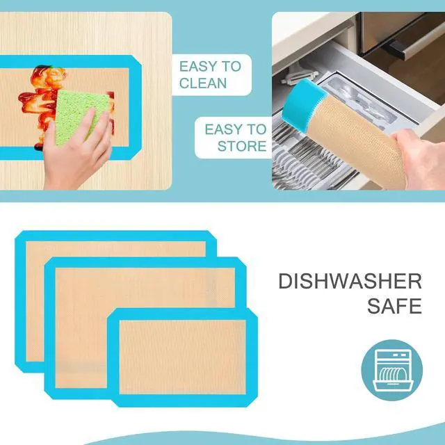 Alt view image 3 of 7 - Silicone Baking Mat Set of 3, Non-Stick 2 Half & 1 Quarter Sheets | Dishwasher Safe, Reusable Baking Supplies for Cookies, Bread, Pastries & Dough, Mint Blue