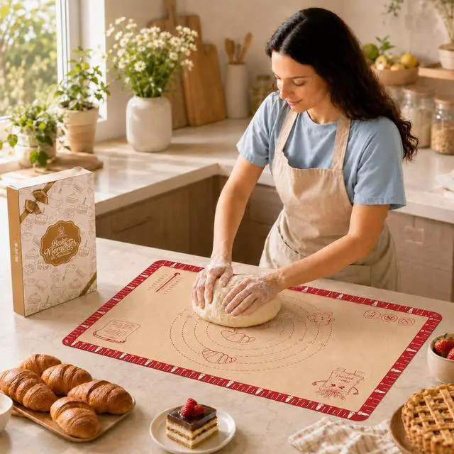 Main image of Extra Thick Silicone Baking Mat with Recipes - 26x16 inch Non Stick Pastry Mat with Measurements for Sourdough, Macarons, Bread, Pizza, Dough Rolling, Kneading, Heat Resistant to 480°F Gift for Baker