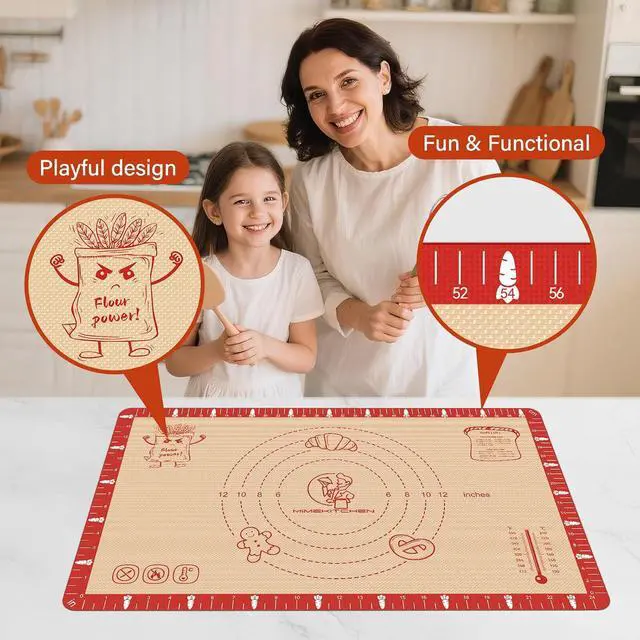 Alt view image 3 of 7 - Extra Thick Silicone Baking Mat with Recipes - 26x16 inch Non Stick Pastry Mat with Measurements for Sourdough, Macarons, Bread, Pizza, Dough Rolling, Kneading, Heat Resistant to 480°F Gift for Baker