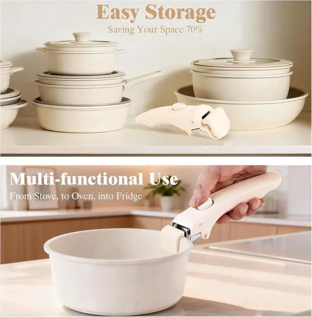 Alt view image 5 of 6 - Compatible Removable Handle for Carote Pots and PansUniversal Quick-Release Detachable Handle Replacement for Thin Edge Cookware, Grip with Easy-Release Button, Cream White, 1PCS