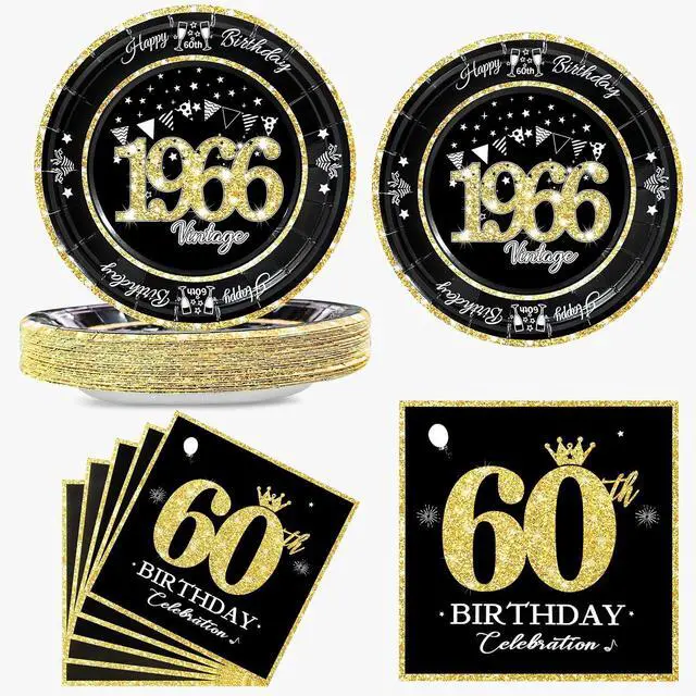 Main image of 60 PCS Vintage 60th Birthday Plates and Napkins Set, 60th Birthday Decorations Black and Gold, Service for 30, 1966 Birthday Dessert Plates and Napkins Party Supplies for Men Women