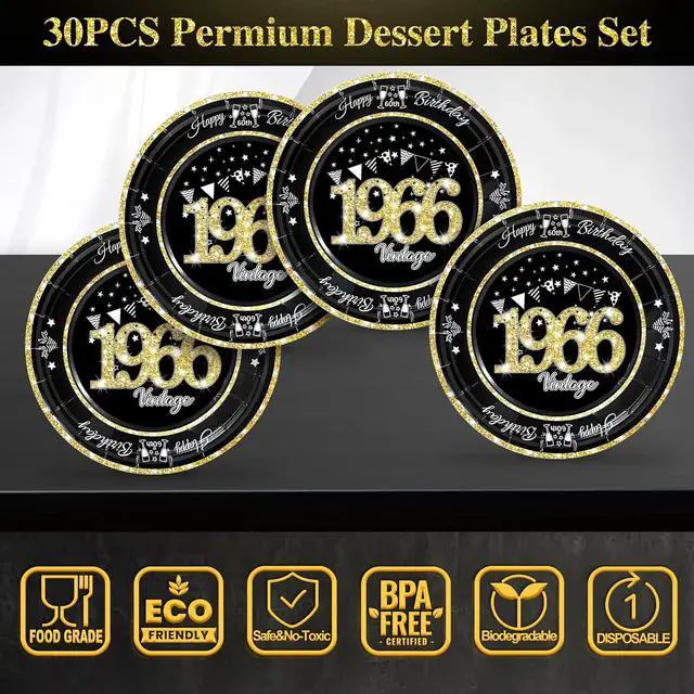 Alt view image 2 of 7 - 60 PCS Vintage 60th Birthday Plates and Napkins Set, 60th Birthday Decorations Black and Gold, Service for 30, 1966 Birthday Dessert Plates and Napkins Party Supplies for Men Women