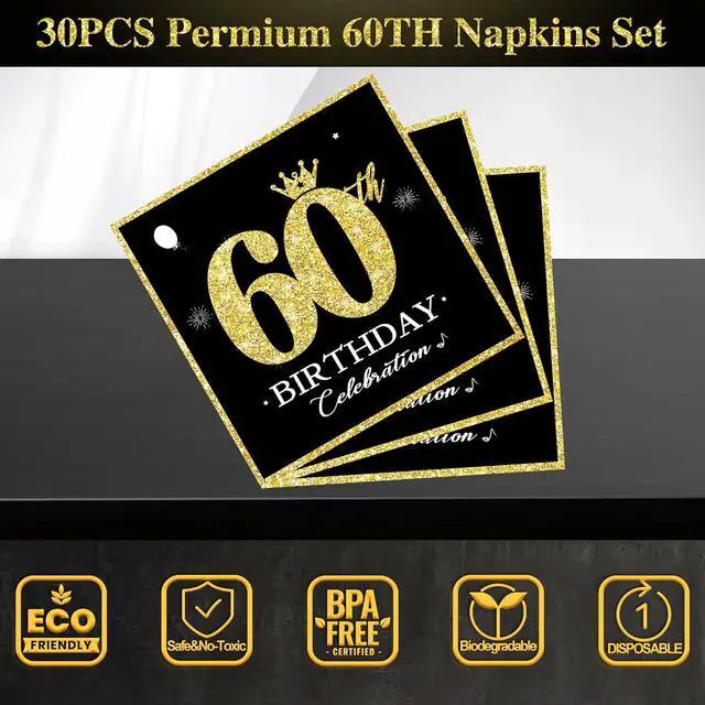 Alt view image 3 of 7 - 60 PCS Vintage 60th Birthday Plates and Napkins Set, 60th Birthday Decorations Black and Gold, Service for 30, 1966 Birthday Dessert Plates and Napkins Party Supplies for Men Women