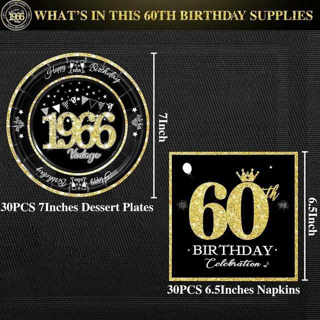 Alt view image 4 of 7 - 60 PCS Vintage 60th Birthday Plates and Napkins Set, 60th Birthday Decorations Black and Gold, Service for 30, 1966 Birthday Dessert Plates and Napkins Party Supplies for Men Women