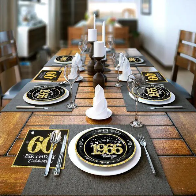 Alt view image 5 of 7 - 60 PCS Vintage 60th Birthday Plates and Napkins Set, 60th Birthday Decorations Black and Gold, Service for 30, 1966 Birthday Dessert Plates and Napkins Party Supplies for Men Women