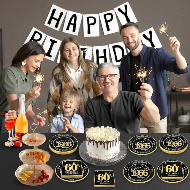 Alt view image 6 of 7 - 60 PCS Vintage 60th Birthday Plates and Napkins Set, 60th Birthday Decorations Black and Gold, Service for 30, 1966 Birthday Dessert Plates and Napkins Party Supplies for Men Women