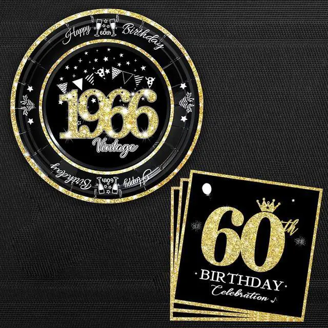 Alt view image 7 of 7 - 60 PCS Vintage 60th Birthday Plates and Napkins Set, 60th Birthday Decorations Black and Gold, Service for 30, 1966 Birthday Dessert Plates and Napkins Party Supplies for Men Women