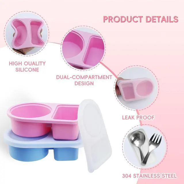 Alt view image 6 of 7 - 3 Pack 8Oz Silicone Snack Containers with Lids & Stainless Steel Utensils | Three-color reusable lunch boxes ideal for portable meal prep and snack storage