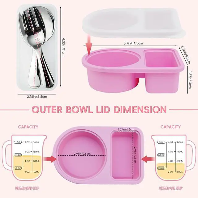 Alt view image 4 of 7 - 3 Pack 8Oz Silicone Snack Containers with Lids & Stainless Steel Utensils | Three-color reusable lunch boxes ideal for portable meal prep and snack storage