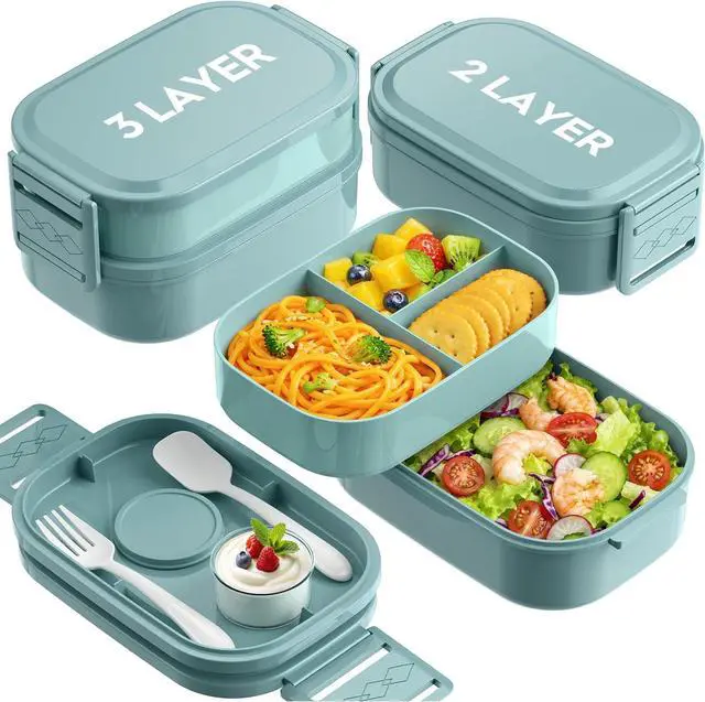 Main image of Bento Lunch Box, 65 oz 3-Tier Stackable Lunch Container, Adjustable 2/3 Tier Design, BPA-Free Food-Grade Plastic, Leakproof, Microwave & Dishwasher Safe, Green
