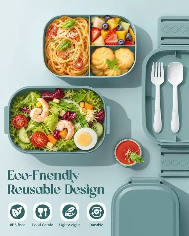 Alt view image 2 of 7 - Bento Lunch Box, 65 oz 3-Tier Stackable Lunch Container, Adjustable 2/3 Tier Design, BPA-Free Food-Grade Plastic, Leakproof, Microwave & Dishwasher Safe, Green
