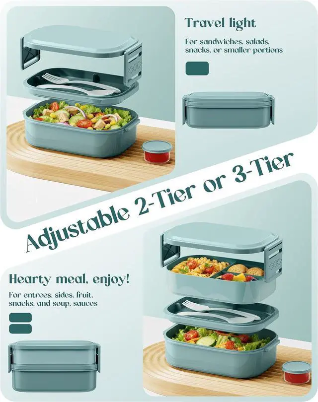 Alt view image 3 of 7 - Bento Lunch Box, 65 oz 3-Tier Stackable Lunch Container, Adjustable 2/3 Tier Design, BPA-Free Food-Grade Plastic, Leakproof, Microwave & Dishwasher Safe, Green