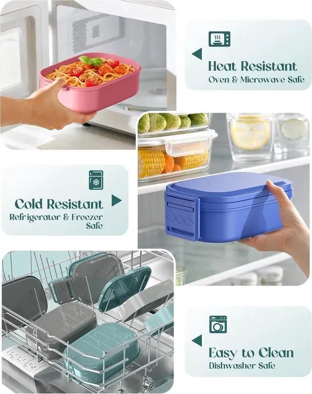 Alt view image 5 of 7 - Bento Lunch Box, 65 oz 3-Tier Stackable Lunch Container, Adjustable 2/3 Tier Design, BPA-Free Food-Grade Plastic, Leakproof, Microwave & Dishwasher Safe, Green