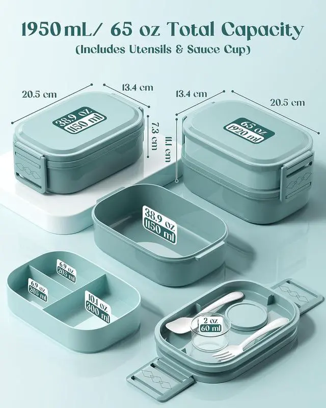 Alt view image 6 of 7 - Bento Lunch Box, 65 oz 3-Tier Stackable Lunch Container, Adjustable 2/3 Tier Design, BPA-Free Food-Grade Plastic, Leakproof, Microwave & Dishwasher Safe, Green
