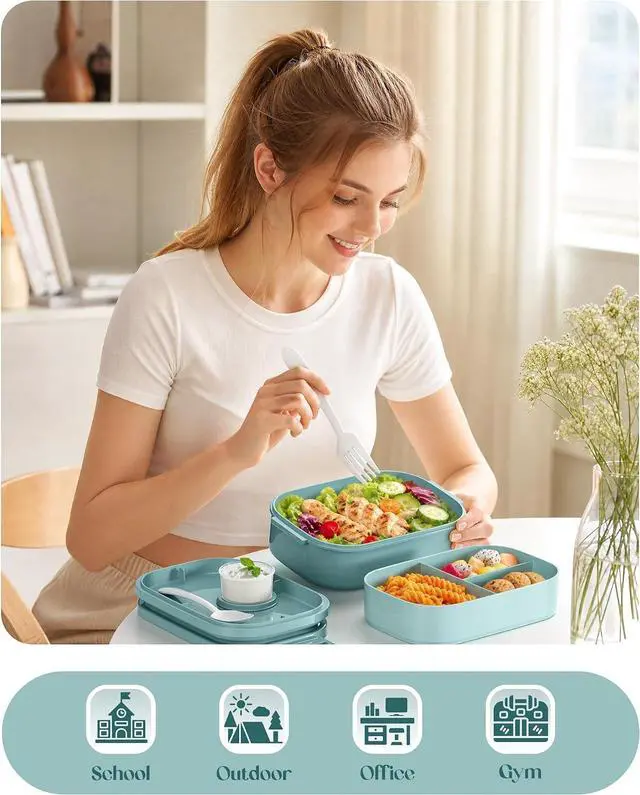 Alt view image 7 of 7 - Bento Lunch Box, 65 oz 3-Tier Stackable Lunch Container, Adjustable 2/3 Tier Design, BPA-Free Food-Grade Plastic, Leakproof, Microwave & Dishwasher Safe, Green