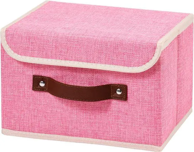 Main image of Storage Boxes with Lids Cotton Linen Fabric Bins Baskets | Decorative Collapsible Washable, Clothes Container Organizer for Closet Shelf, w/ Faux Leather Handles, Pink, Small