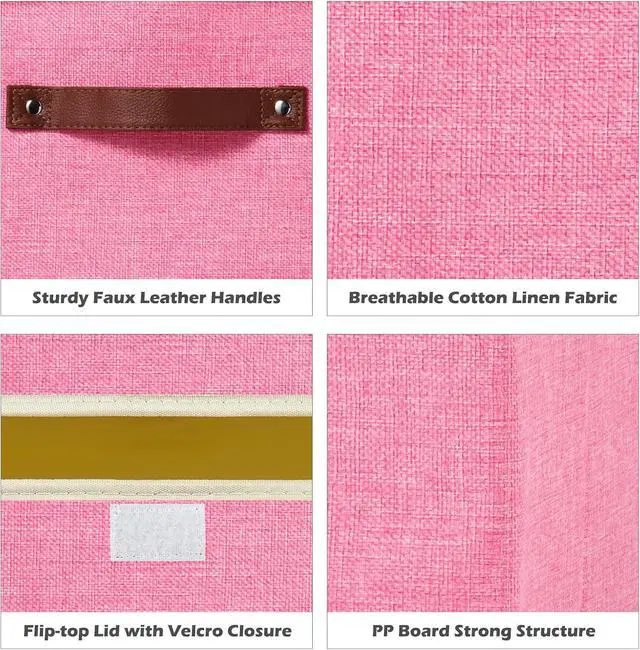 Alt view image 2 of 7 - Storage Boxes with Lids Cotton Linen Fabric Bins Baskets | Decorative Collapsible Washable, Clothes Container Organizer for Closet Shelf, w/ Faux Leather Handles, Pink, Small