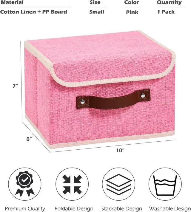 Alt view image 3 of 7 - Storage Boxes with Lids Cotton Linen Fabric Bins Baskets | Decorative Collapsible Washable, Clothes Container Organizer for Closet Shelf, w/ Faux Leather Handles, Pink, Small