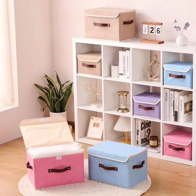 Alt view image 4 of 7 - Storage Boxes with Lids Cotton Linen Fabric Bins Baskets | Decorative Collapsible Washable, Clothes Container Organizer for Closet Shelf, w/ Faux Leather Handles, Pink, Small