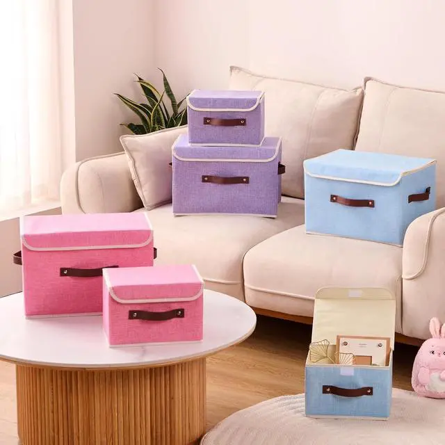 Alt view image 5 of 7 - Storage Boxes with Lids Cotton Linen Fabric Bins Baskets | Decorative Collapsible Washable, Clothes Container Organizer for Closet Shelf, w/ Faux Leather Handles, Pink, Small