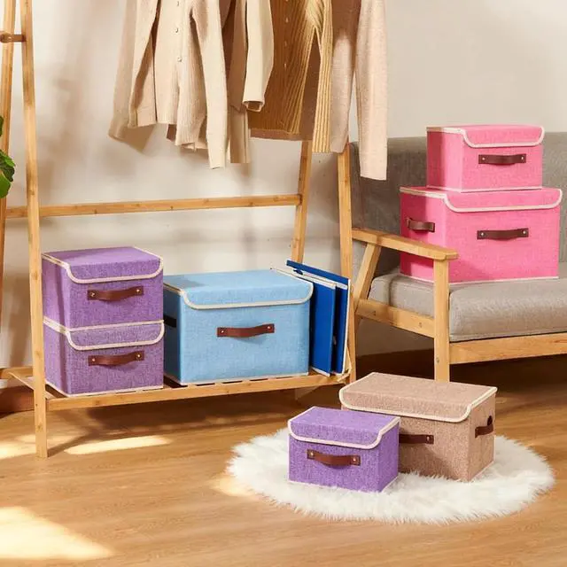 Alt view image 6 of 7 - Storage Boxes with Lids Cotton Linen Fabric Bins Baskets | Decorative Collapsible Washable, Clothes Container Organizer for Closet Shelf, w/ Faux Leather Handles, Pink, Small