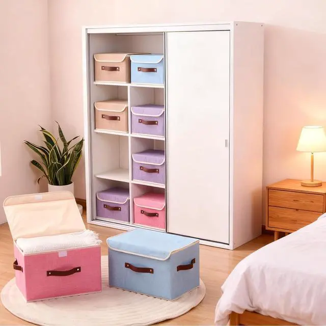 Alt view image 7 of 7 - Storage Boxes with Lids Cotton Linen Fabric Bins Baskets | Decorative Collapsible Washable, Clothes Container Organizer for Closet Shelf, w/ Faux Leather Handles, Pink, Small