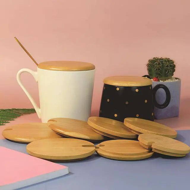 Alt view image 6 of 7 - 4Pcs Natural Bamboo Mug Lids with Spoon Hole Regular Mouth Mug Cover Heat Resistant Decorative Bamboo Lids Compatible Cup Lid for Drink Cup Coffee Mug Jar (Inner Diameter 2.8inch)