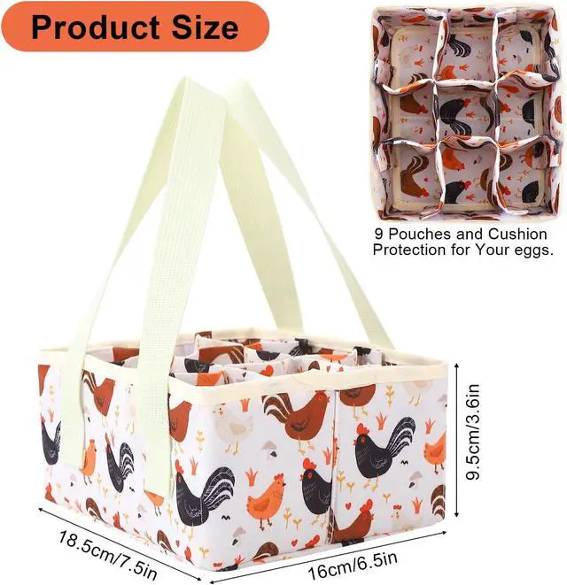 Alt view image 2 of 7 - Removable Egg Collecting Basket, Foldable Canvas Egg Holder | Egg Basket for Gathering Fresh Eggs with 9 Pouches, Collector Egg for Chicken, Duck, Goose, Collection (Cartoon Chicken)