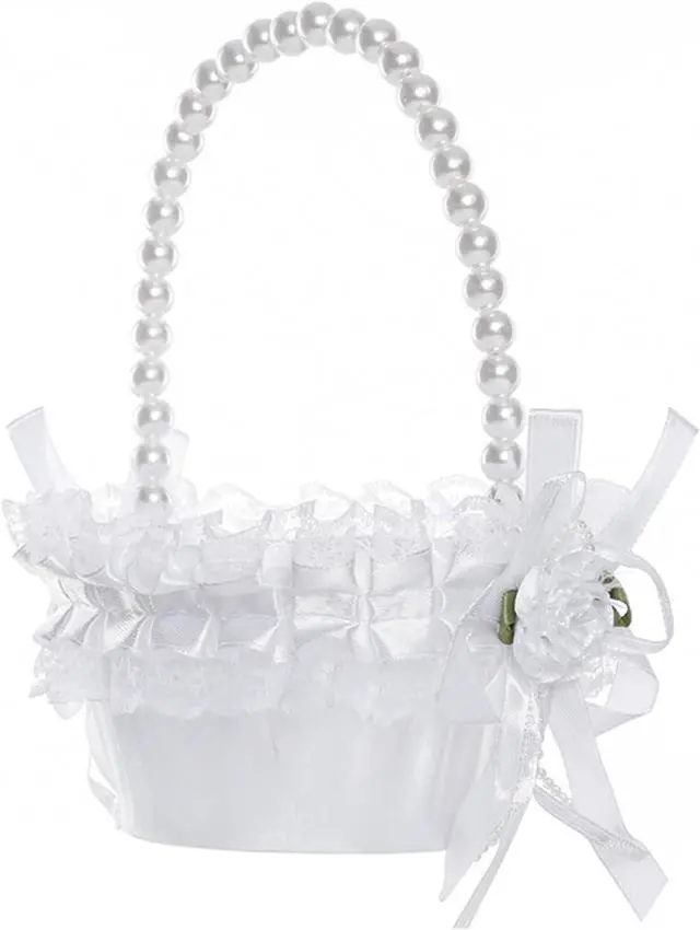 Main image of Wedding Flower Girl Basket with Pearl Handle,Satin Flower Storage Basket for Wedding Home Garden Decor (5835 Small, 1)