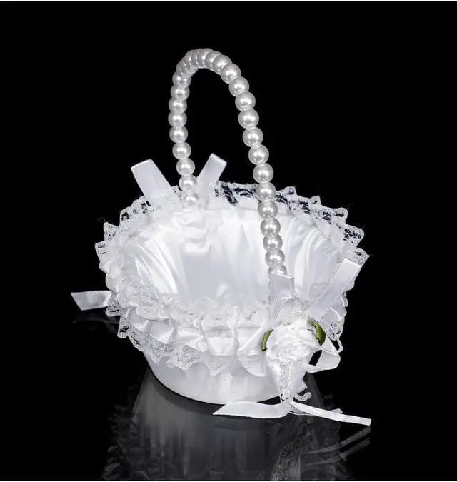Alt view image 4 of 7 - Wedding Flower Girl Basket with Pearl Handle,Satin Flower Storage Basket for Wedding Home Garden Decor (5835 Small, 1)