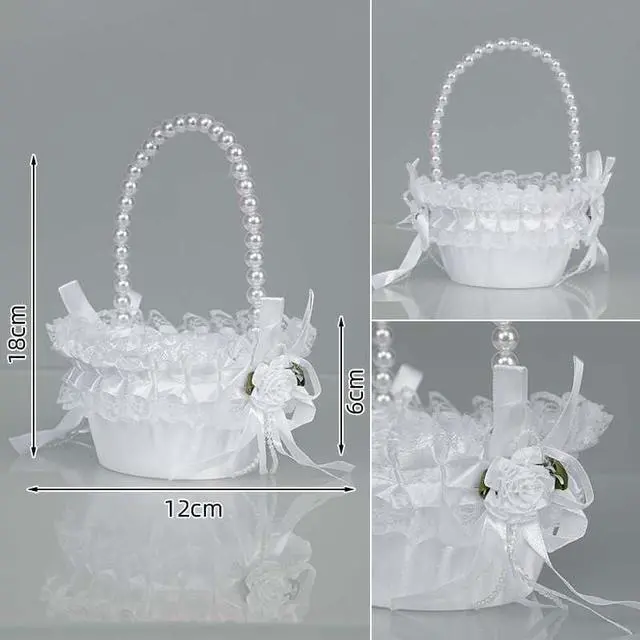 Alt view image 3 of 7 - Wedding Flower Girl Basket with Pearl Handle,Satin Flower Storage Basket for Wedding Home Garden Decor (5835 Small, 1)