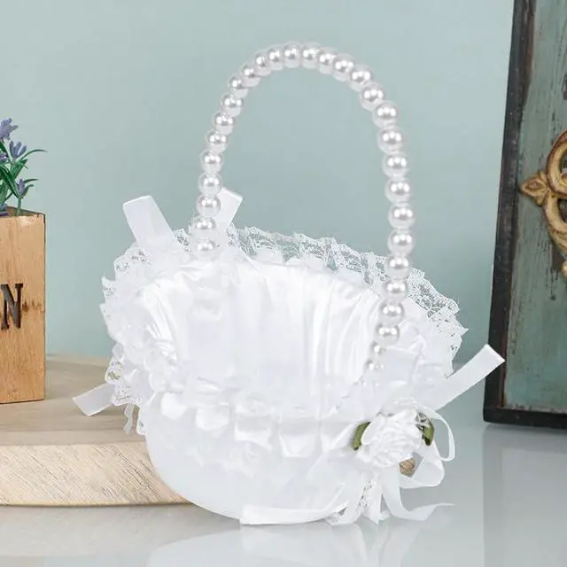 Alt view image 5 of 7 - Wedding Flower Girl Basket with Pearl Handle,Satin Flower Storage Basket for Wedding Home Garden Decor (5835 Small, 1)