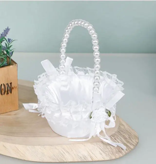 Alt view image 7 of 7 - Wedding Flower Girl Basket with Pearl Handle,Satin Flower Storage Basket for Wedding Home Garden Decor (5835 Small, 1)
